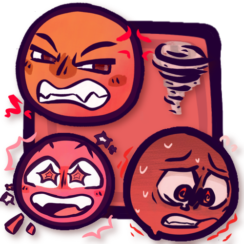 A red square with three different red emoji faces on top, as well as an icon of a tornado. The faces are an orangish-red angry face in the top left, a pinkish-red overjoyed face in the bottom left, and a dark red panicked face in the bottom right. Various cartoony effects emphasize the emotions.